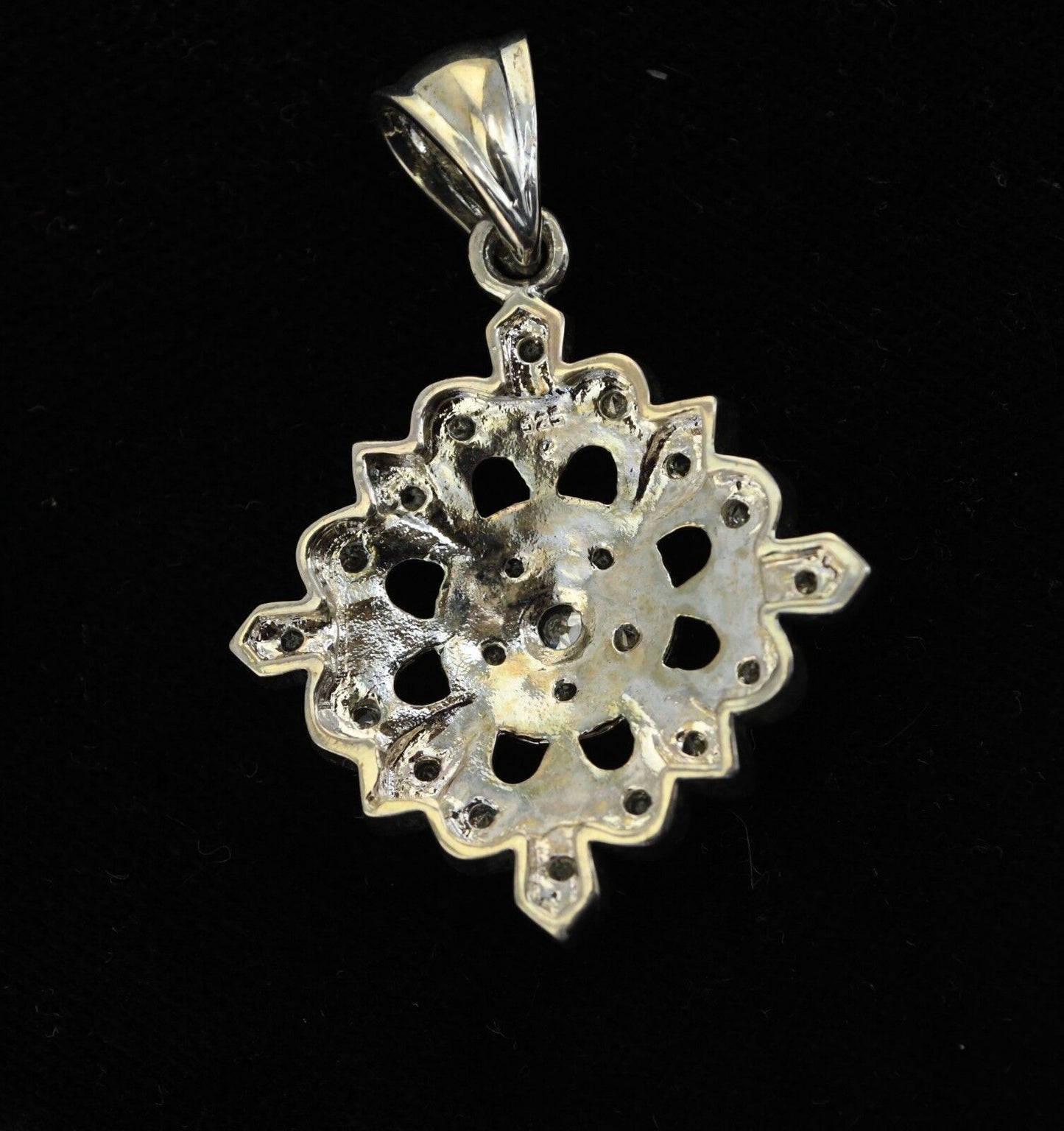 Sterling Snowflake Style Charm Pendant w/22 Crystal Imitation Diamonds  1 3/4"
