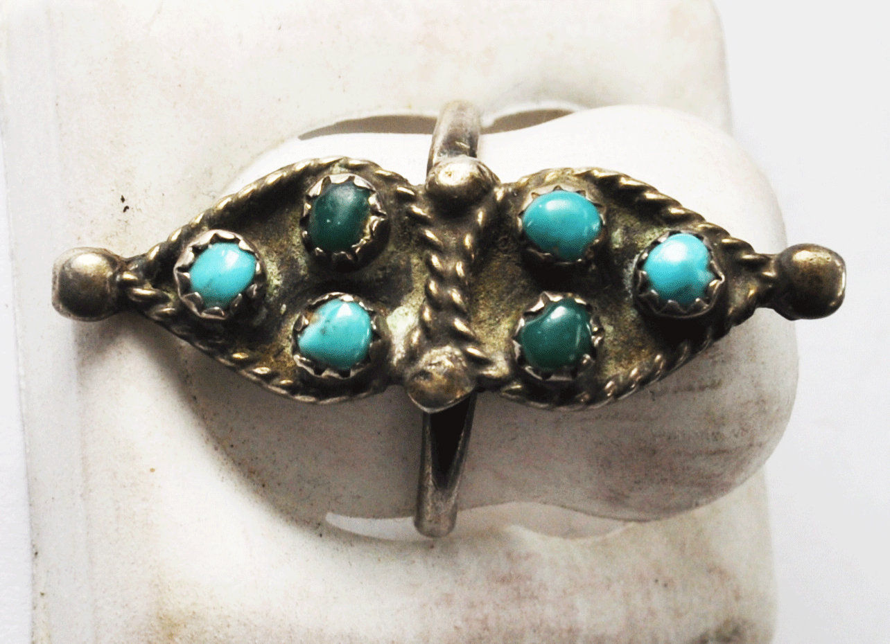 Antique Sterling Silver Turquoise Dot Cluster Triangular Ring 36mm Size 6