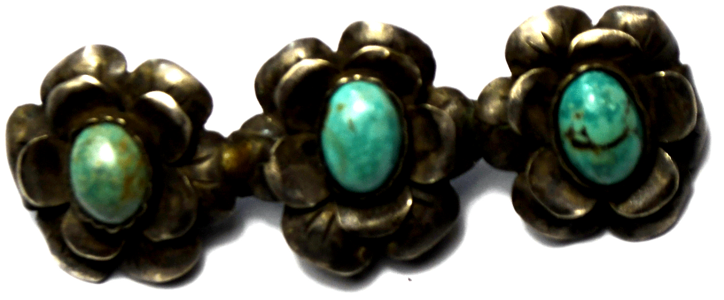 Sterling Silver Taxco 980 Triple Flower Oval Turquoise Brooch Pin 59mm x 20mm