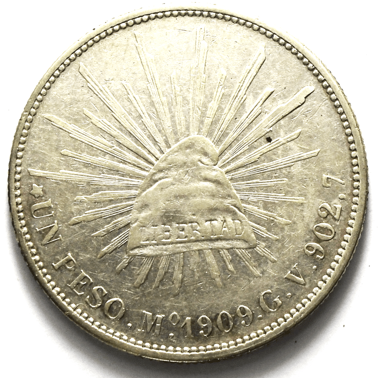 1909 Mo GV Mexico Second Republic Un Peso Silver Coin KM# 409.2