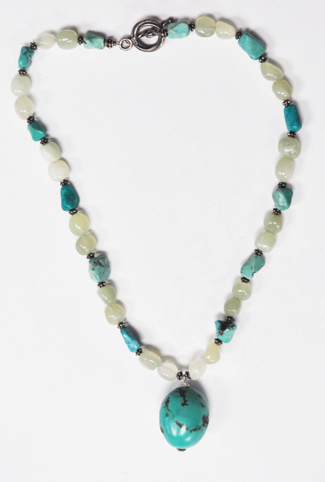 Sterling Silver 30mm Turquoise Egg Pendant Chunk Bead Toggle Necklace 17"