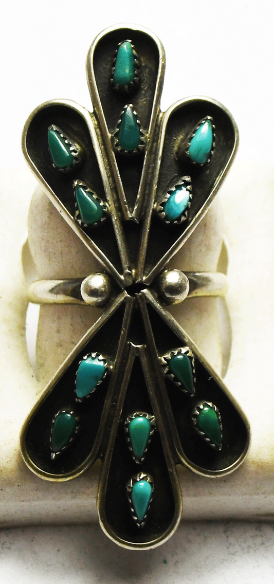 Antique Sterling Silver Green & Blue Turquoise Wing Teardrop Ring 48mm Size 6.5