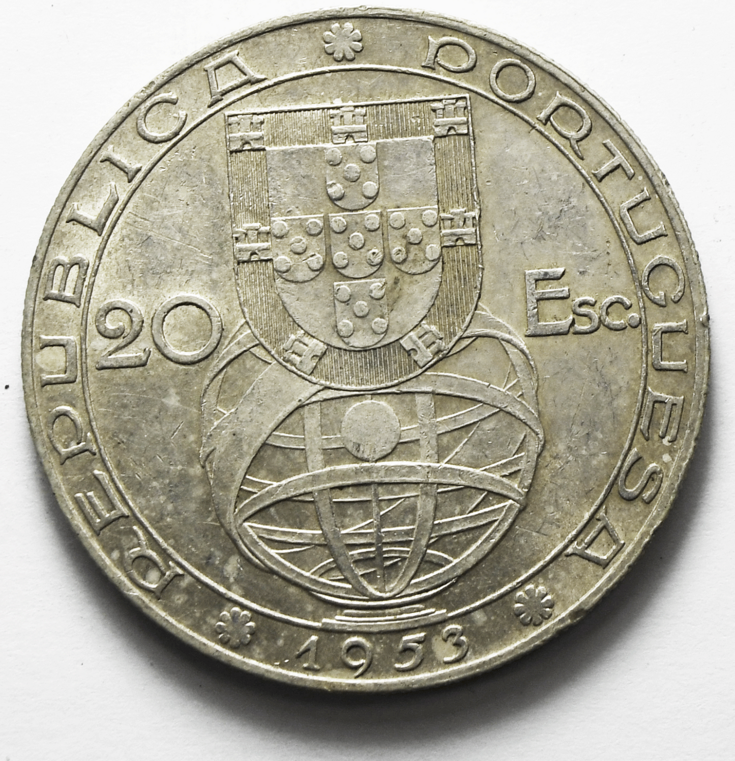 1953 Portugal 20 Escudos Silver Coin  KM# 592