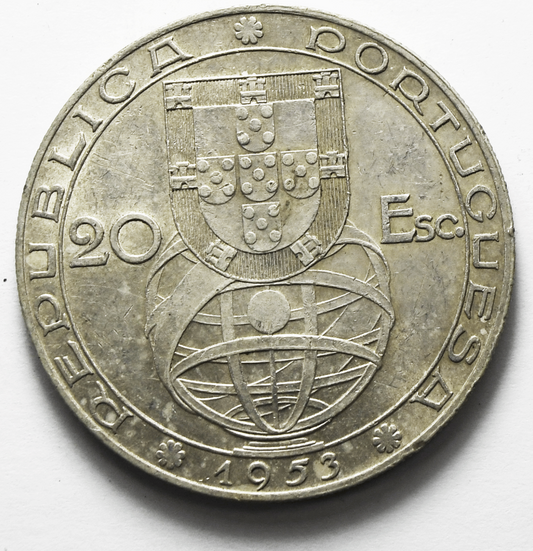 1953 Portugal 20 Escudos Silver Coin  KM# 592