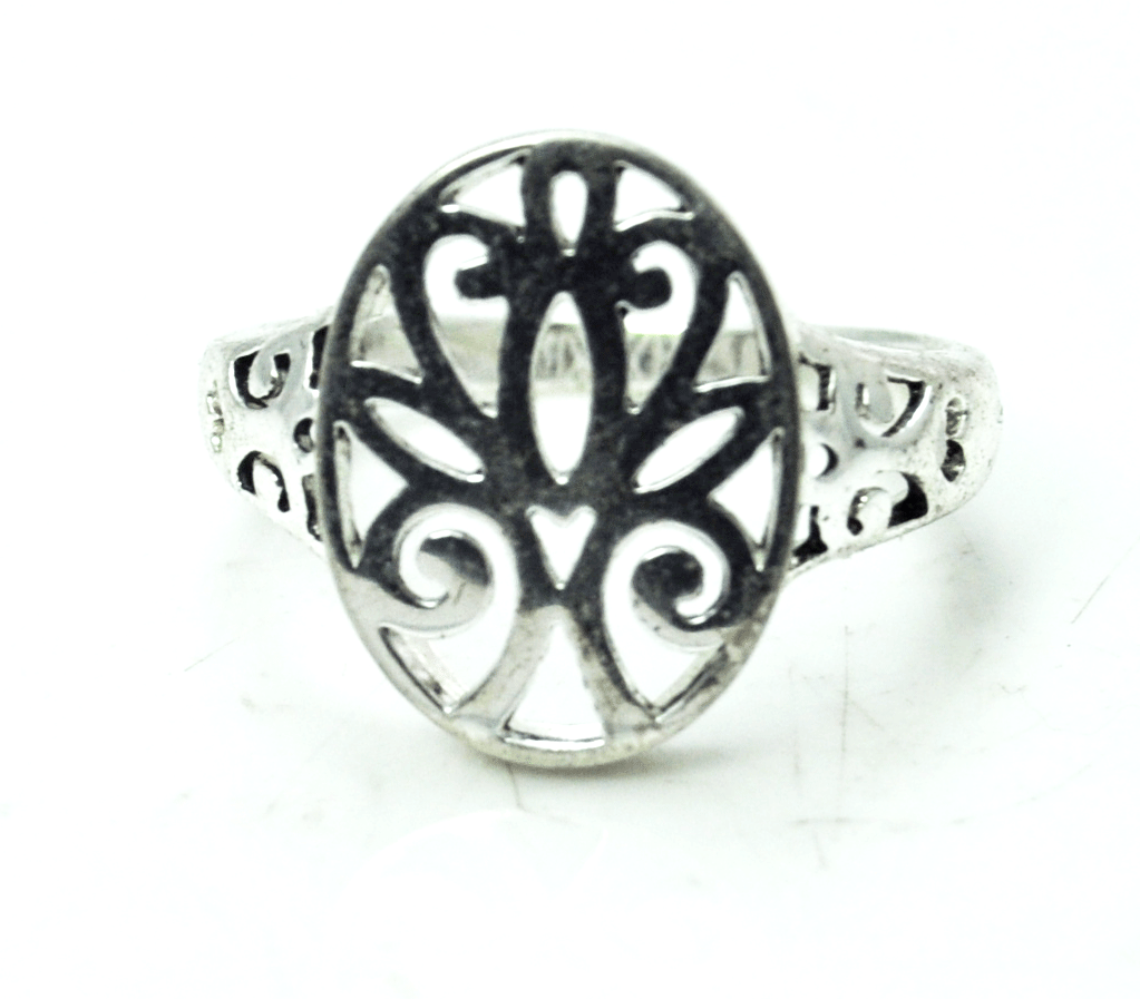 Sterling Silver Ankh Scroll Angel in Heart Tree Cut Out Oval Ring 17mm Size 8