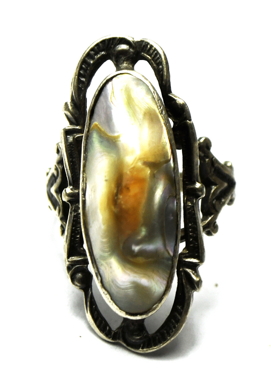 Vintage Sterling Silver MOP Abalone Wire Halo 28mm Ring Size 7-1/2