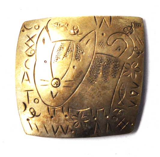 Nickel Silver Square Etched Cat Flower Grass Brooch Pin 43mm