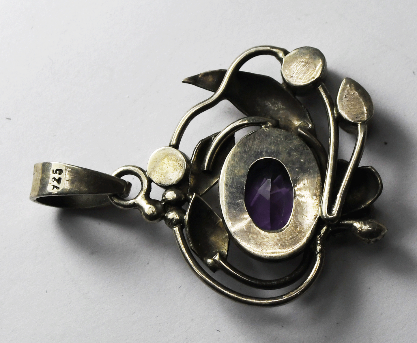 Sterling Silver Oval Amethyst Floral Grapevine Pendant 44mm x 32mm