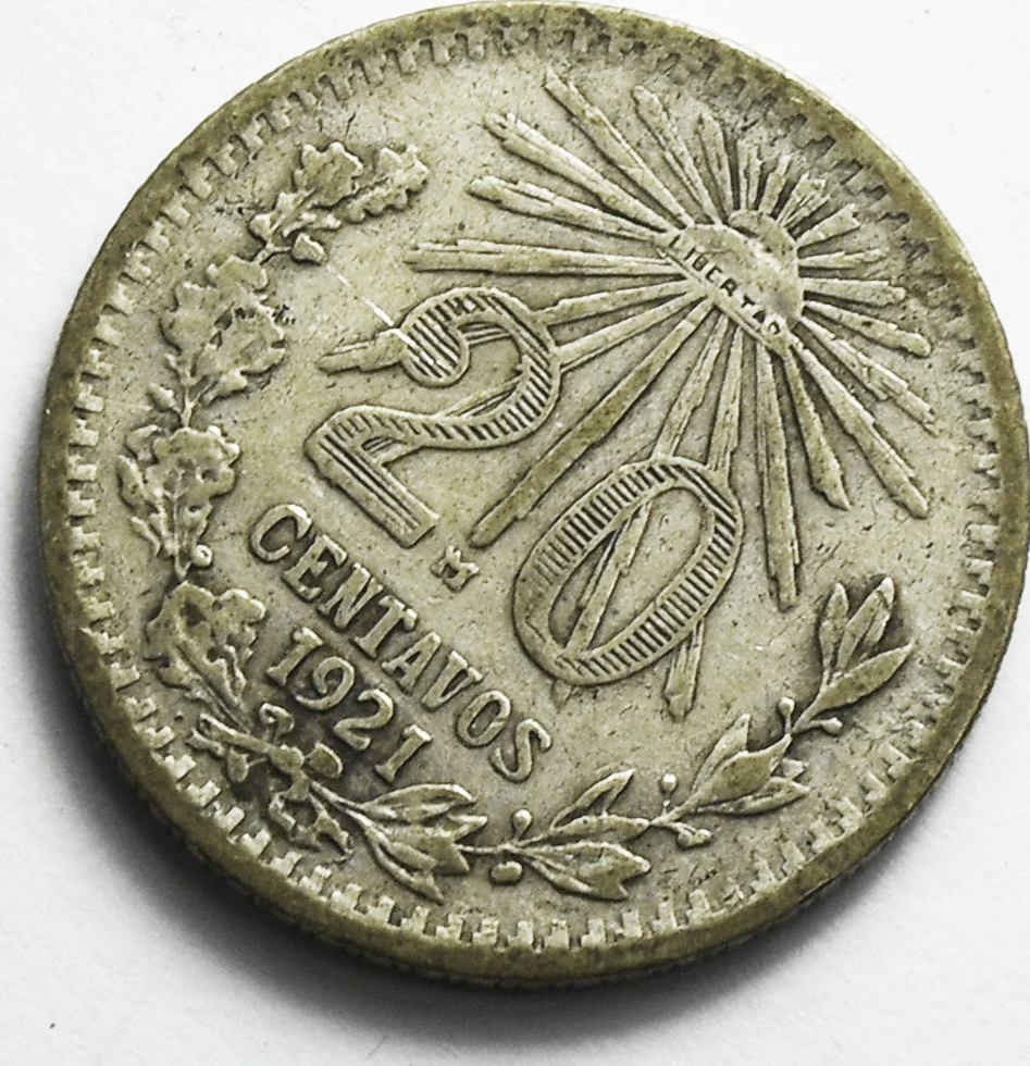 1921 Mexico Estados Unidos Mexicanos 20 Twenty Centavos Silver Coin KM# 438