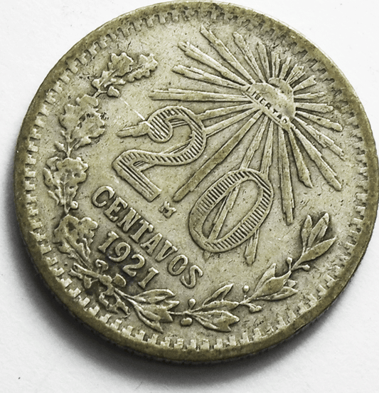 1921 Mexico Estados Unidos Mexicanos 20 Twenty Centavos Silver Coin KM# 438