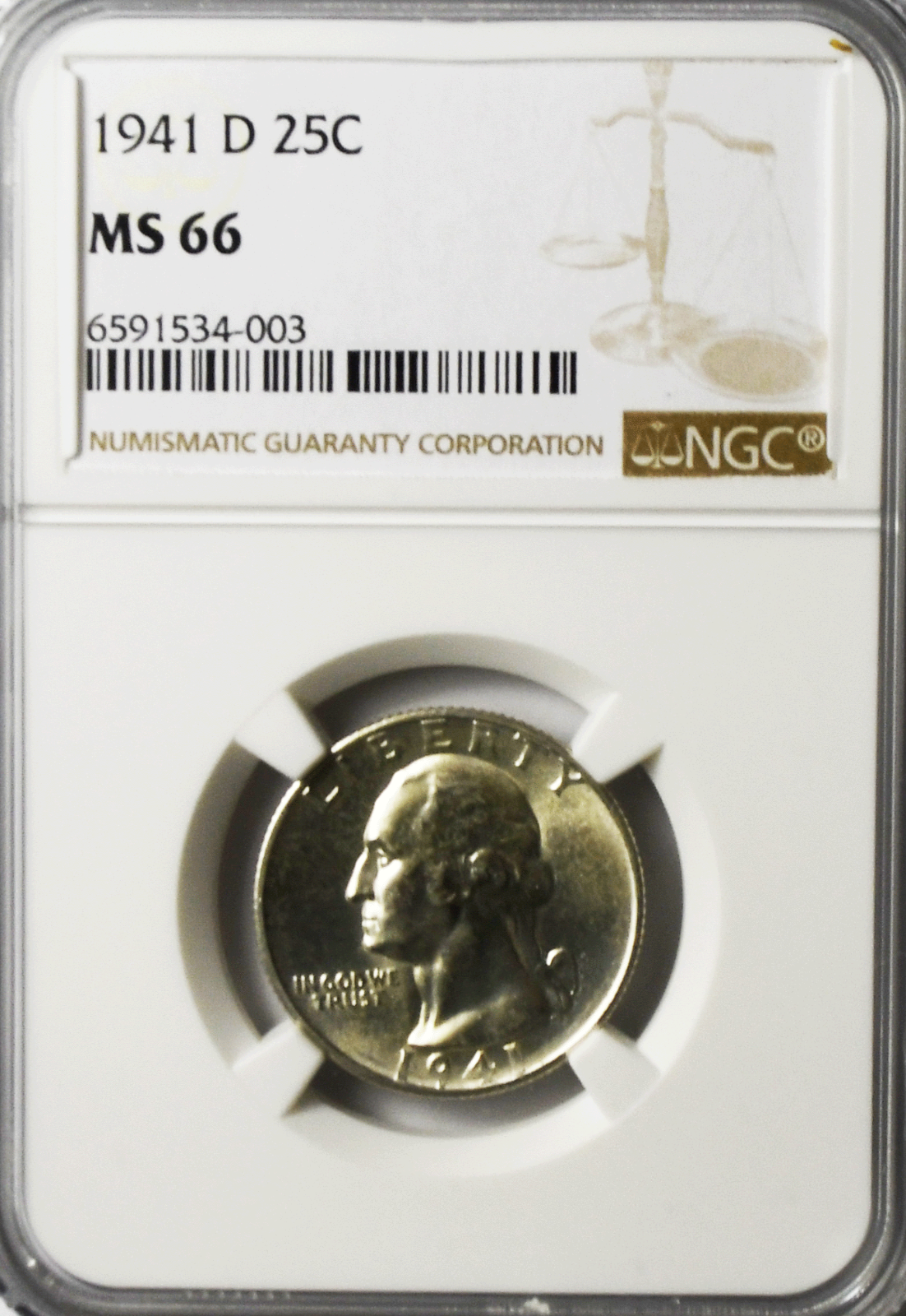 1941 D 25c Washington Silver Quarter Dollar NGC MS66 Gem Uncirculated