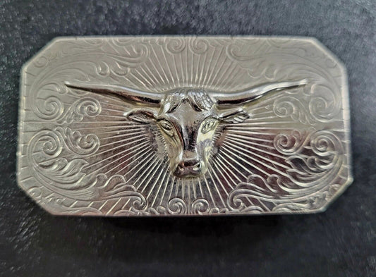 Shiny Nickel Plated Texas Long Horn Steer Head Belt Buckle 2 3/4"x 1  3/8"