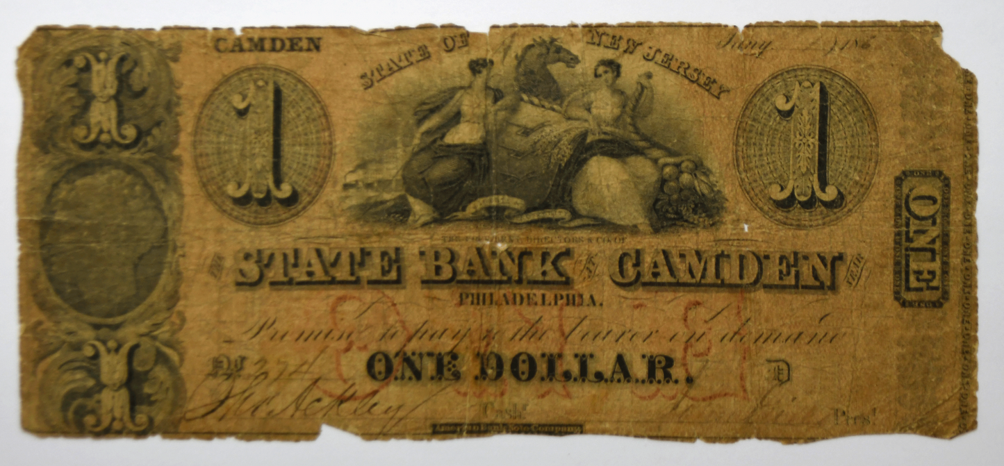 1862 State Bank Camden $1 One Dollar Obsolete Note Philadelphia