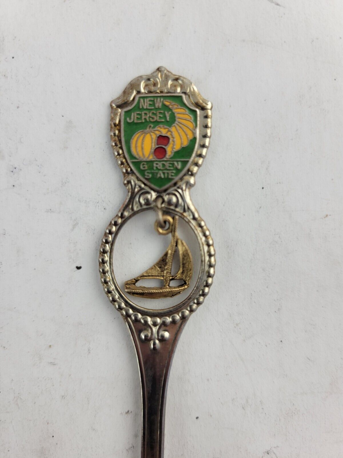 Vintage Souvenir Spoon New Jersey Enameled Gold Tone Sailboat Newark Trenton