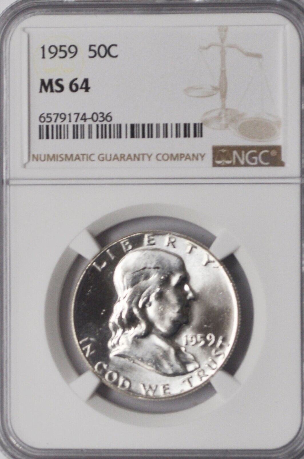 1959 50c Franklin Silver Half Dollar Fifty Cents NGC MS64 Philadelphia Type 2