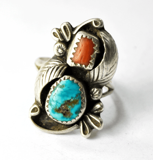 Antique Sterling Turquoise Coral LC Tow Part Shadow Box Ring 29mm Size 7.25