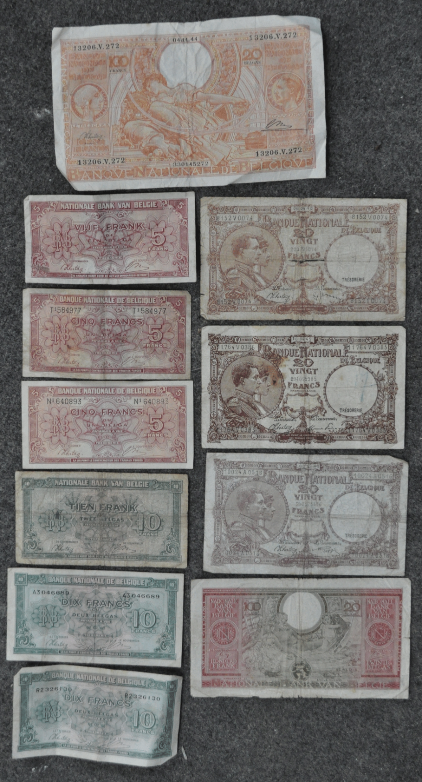 Lot of 11 Vintage Belgium Notes 5 10 20 & 100 Francs WWII