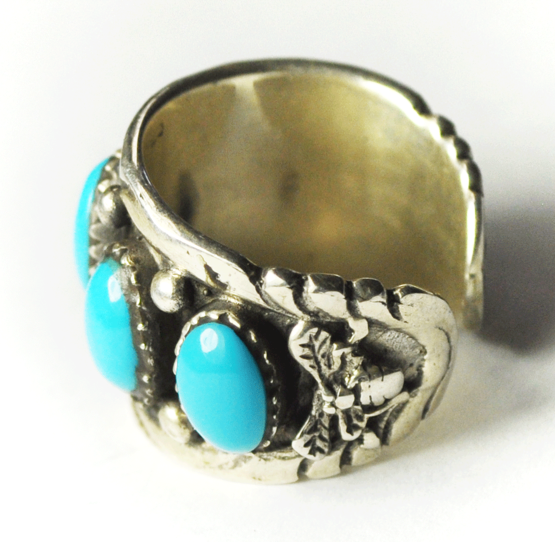 Sterling Silver Princess Turquoise 5 Stone Bee Open Cuff Ring 21mm Size 8