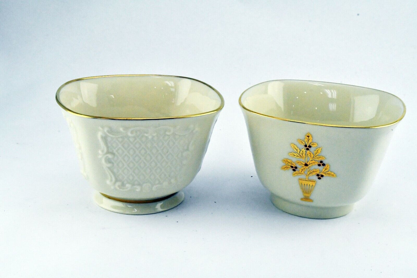 Lenox Porcelain Gold Trimmed Holiday and Embossed Square Bowls 4 1/4" W x 2 3/4"