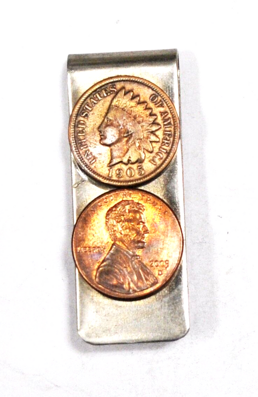 1905 1c Indian Head Penny 2005 1c Lincoln Nickel Money Clip 50mm x 20mm