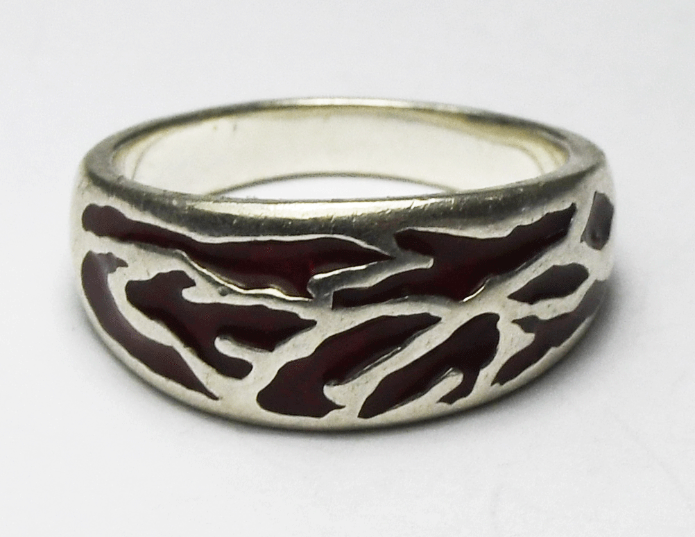 Sterling Silver BJS Red Enamel Tiger Stripe Ring 9mm Size 7