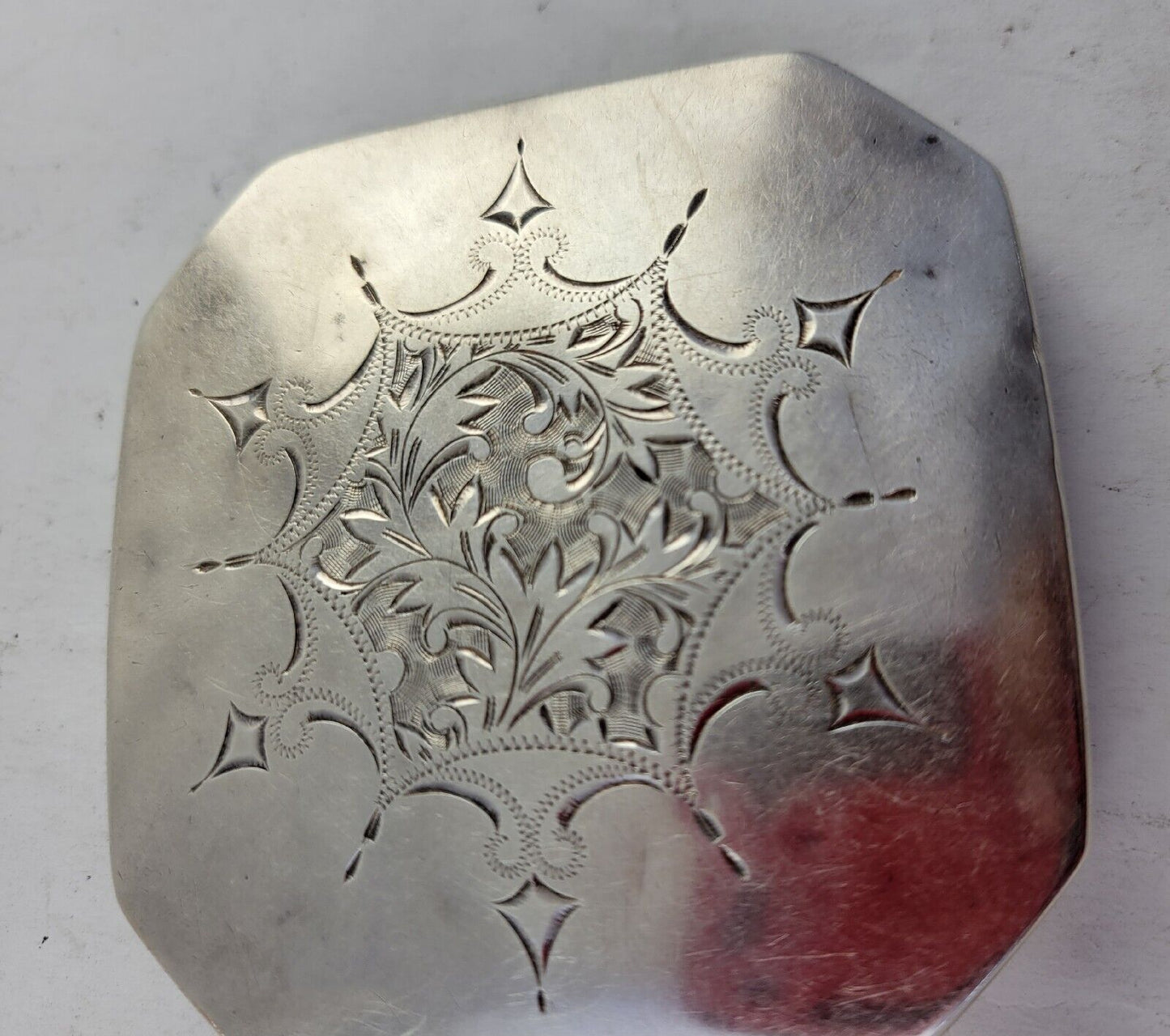 950 Sterling Silver 2 7/8" Octagon Mirror Make-Up Compact Hand Chased