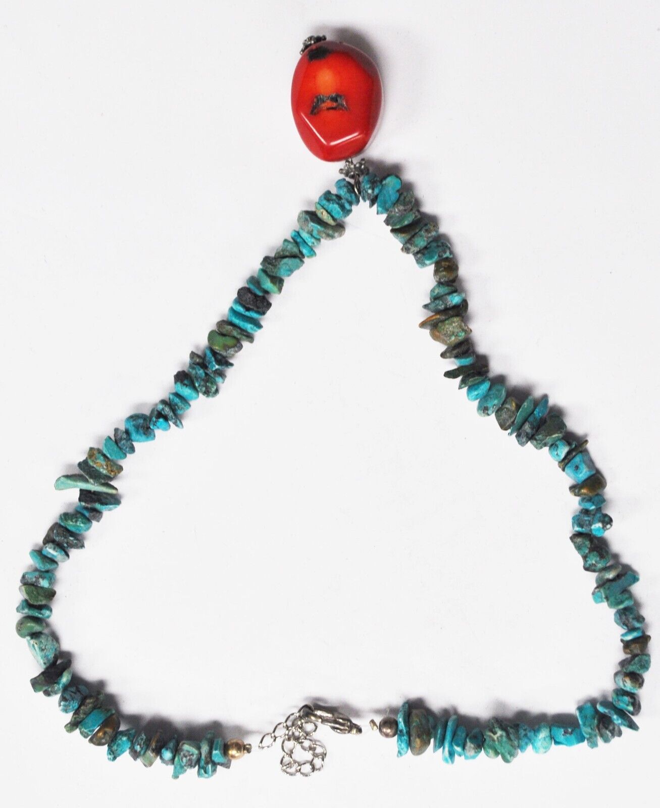 Silver Plate 30mm Coral Pendant Turquoise Chunk Bead Necklace 18"