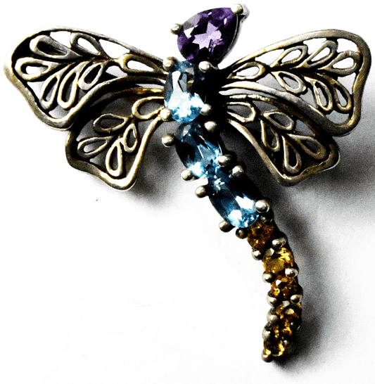 Sterling  CID Clyde Duneier Dragonfly Purple Blue Orange Brooch Pin 36mm x 40mm