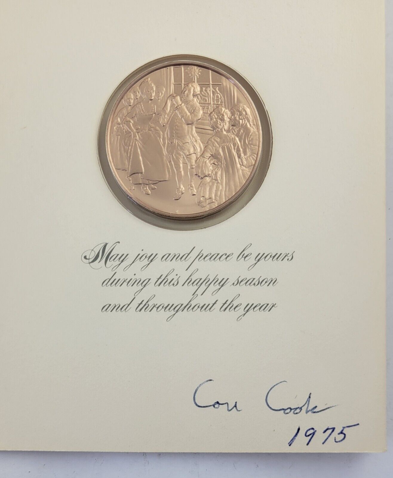 Franklin Mint Bronze Holiday Gala, 1975 Christmas Coin w/Holder Card