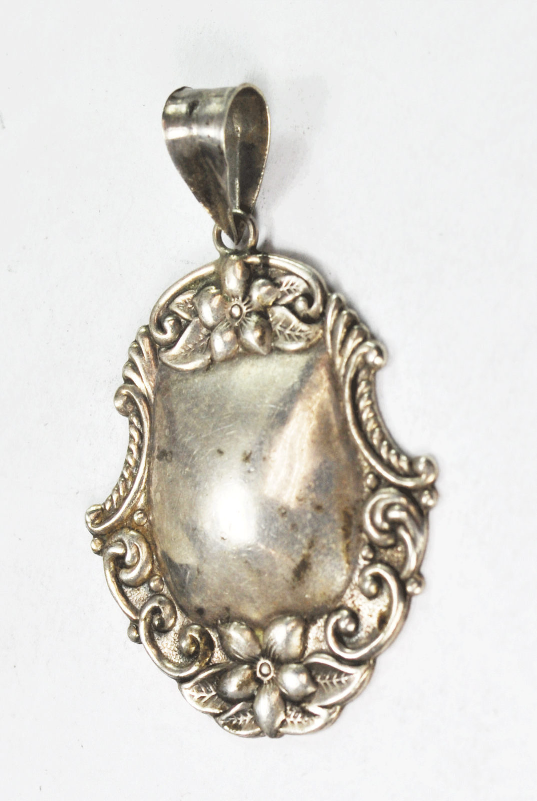Sterling Silver Floral Luggage Bottle Tag Scroll Pendant 2-3/8" x 39mm