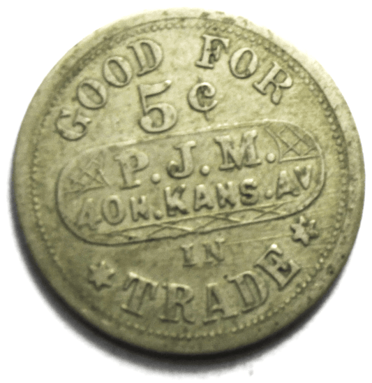P.J.M 5c Trade Token 40 North Kansas Ave KC Missouri 24mm