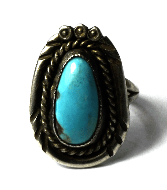 Sterling Silver Antique Turquoise Ovoid Ring 26mm Size 6-3/4