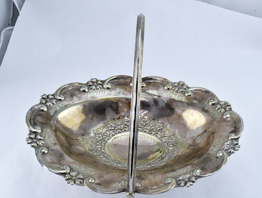 EJF #6227 Silver Plate 12" Wide Ornate Floral Centerpiece Bowl w/Handle 10" Tall