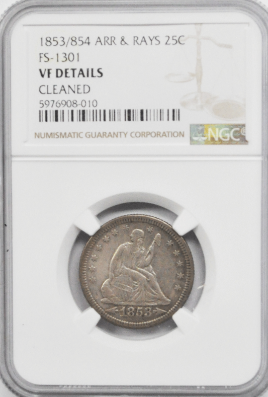 1853 25c Seated Silver Quarter Dollar NGC AU53 Arrows Rays