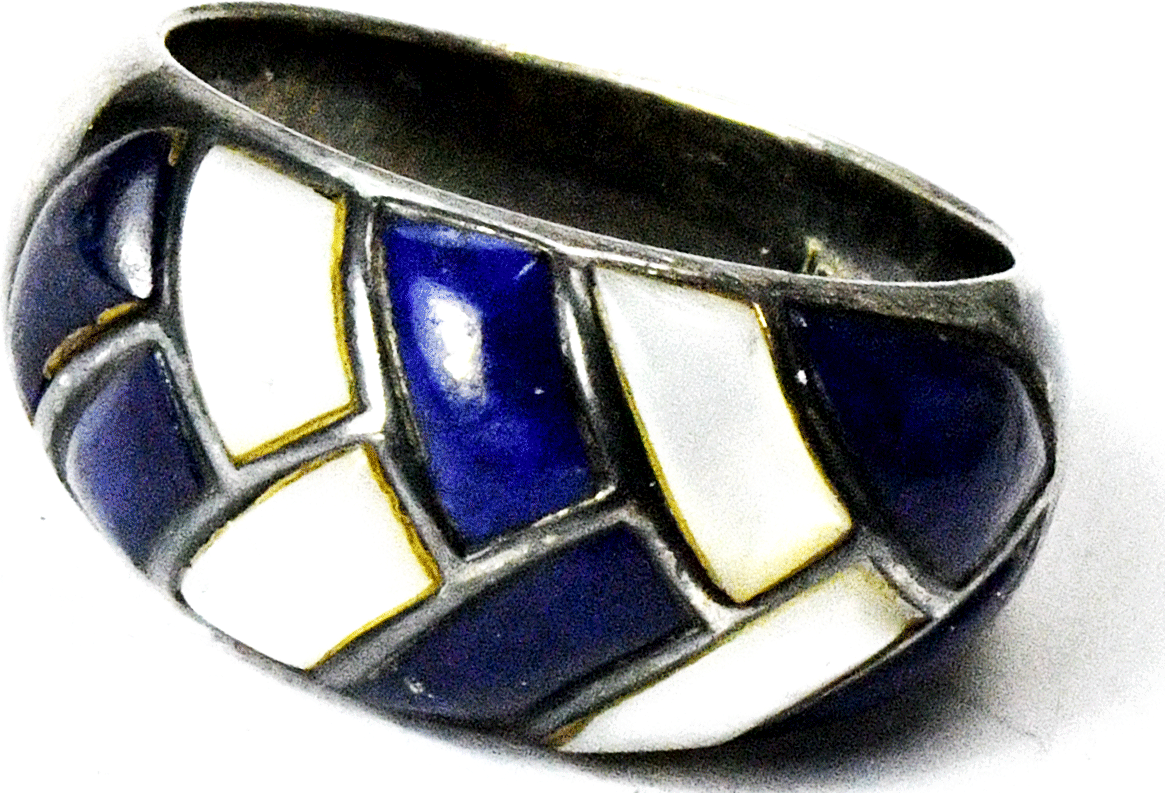Sterling Silver S&G MOP Lapis Inlay Basket Weave Ring 11mm Size 7-1/4