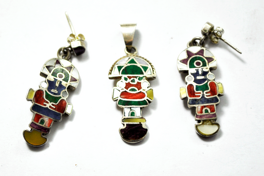 950 Silver Inlay Ceremonial Peruvian Tumi Inlay Pendant & Earrings Set 1.5"