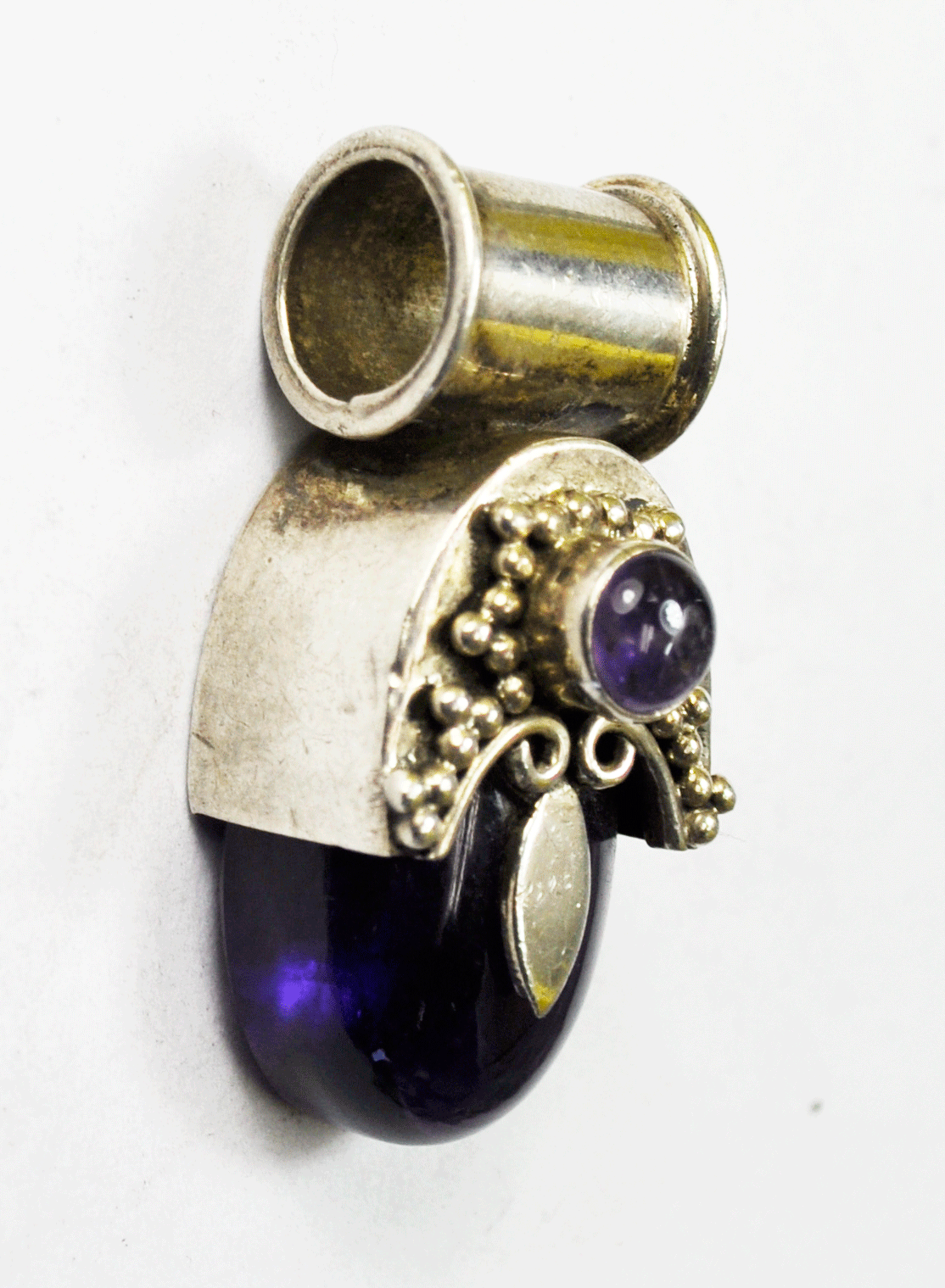 Antique Sterling Silver Purple Amethyst Ornate Slider Pendant 1-5/8" 20mm