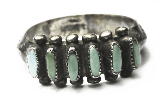 Sterling Silver Six Turquoise Petit Point Rice Micro Inlay Ring 8mm Size 7.5