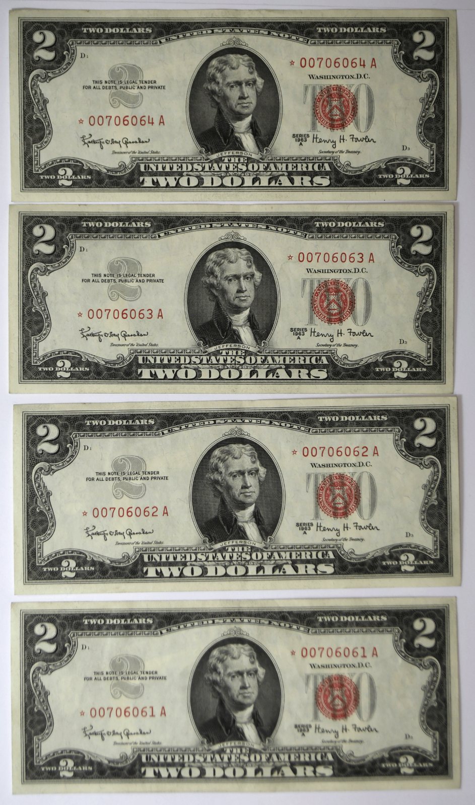 1963 A $2 Two Dollars Legal Tender Red Seal 4 Sequential Notes