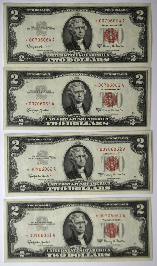 1963 A $2 Two Dollars Legal Tender Red Seal 4 Sequential Notes