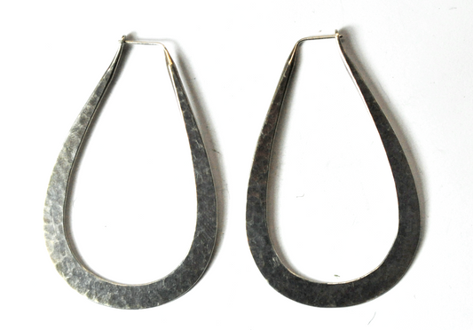 Silver Plate Large Teardrop Hammered Hoop Earrings 2-1/4" x 37mm