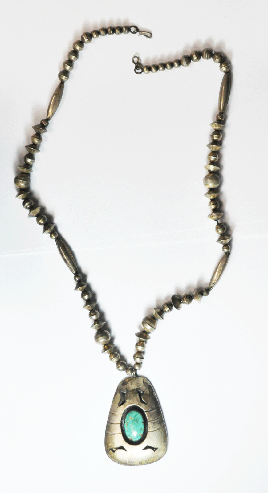Sterling A White Turquoise Shadow Box 2-3/4" Pendant 12mm Bead Necklace 25"
