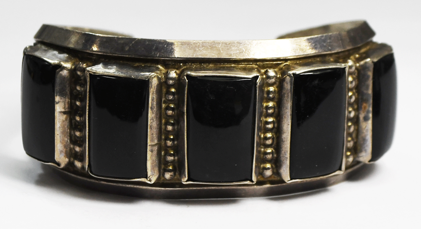 Antique Sterling 3 Bar Sandcast Rectangle Onyx Cuff Bracelet 6" Wrist 51g