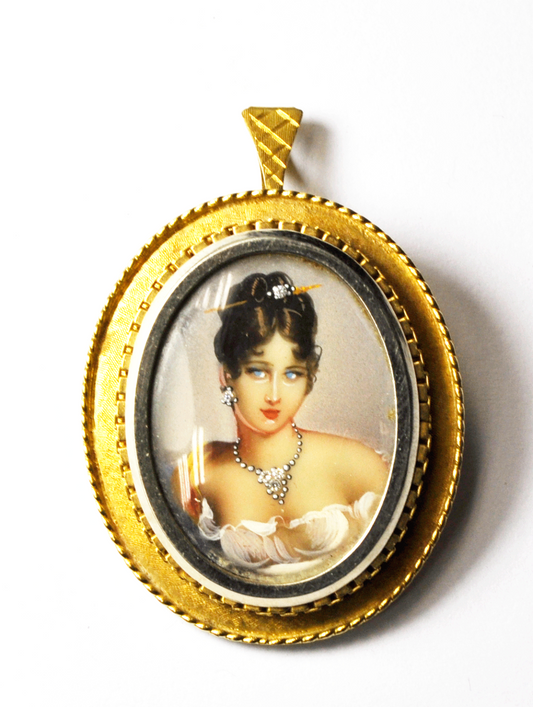 Antique Diamond Enamel Portrait Gold Pin Pendant Beautiful Bust 34mm X 40mm