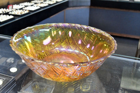 Carnival Glass Basket Weave Design Iridescent Centerpiece Bowl 8 3/4" x 3 3/4"