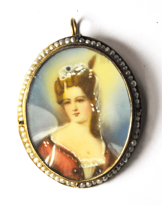 Antique 14k Gold Pearl Enamel Bust Portrait Brooch Pin Pendant 34mm Oval