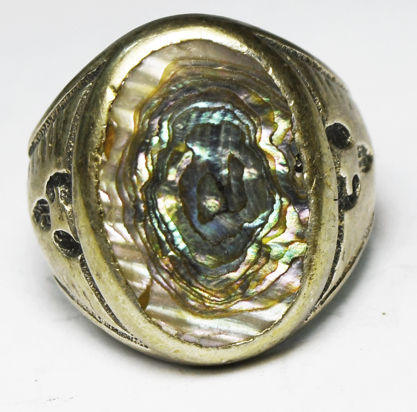 Antique Sterling Bell Trading Oval Ablone MOP 22mm Thunderbird Ring Size 8