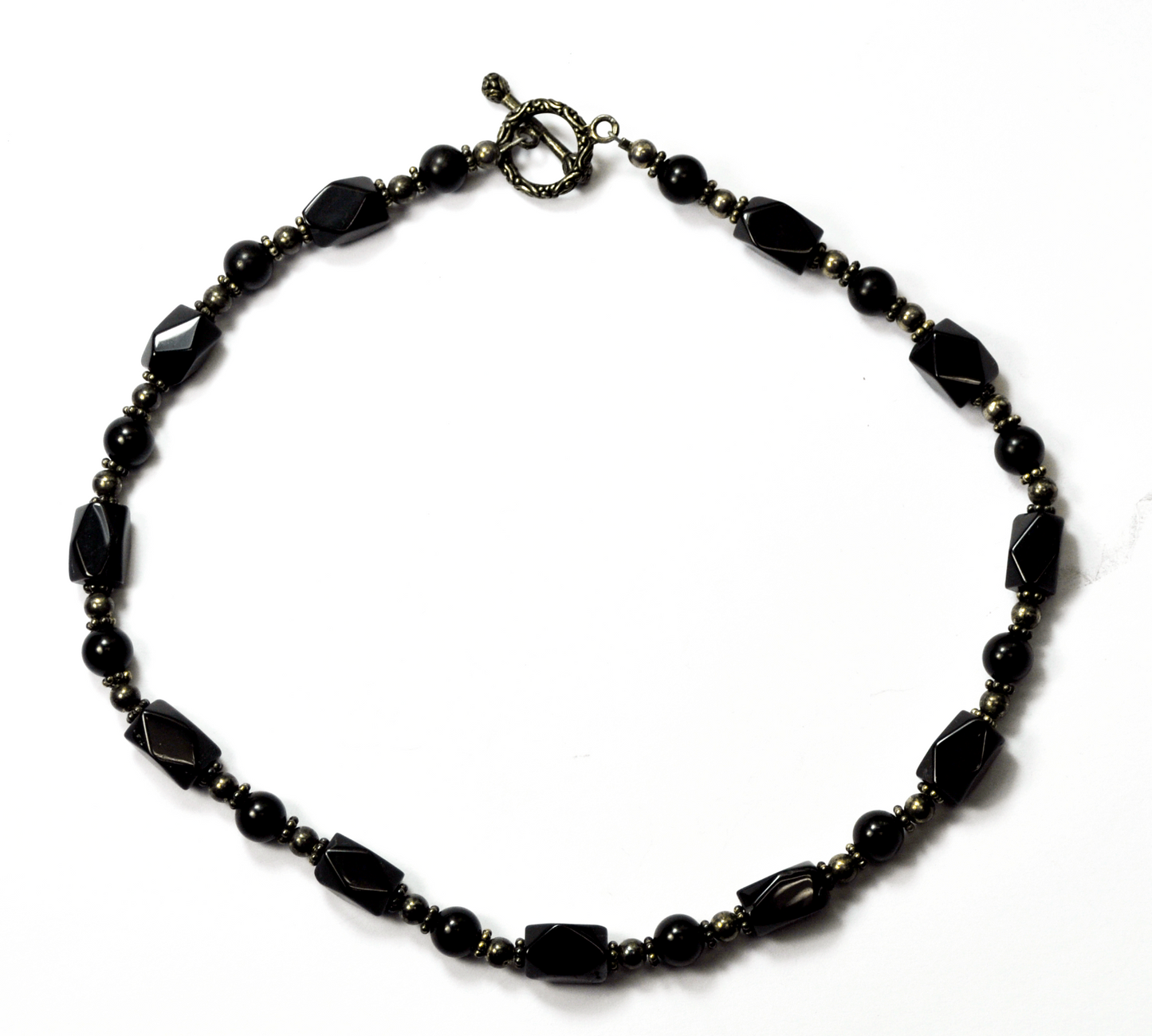 Sterling Silver 10mm Black Onyx Bead Etched Toggle Necklace 17"