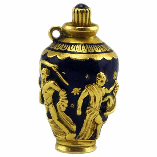 18K Gold & Sapphire Enameled Brevetto Italian Perfume Bottle Greek Urn Pendant