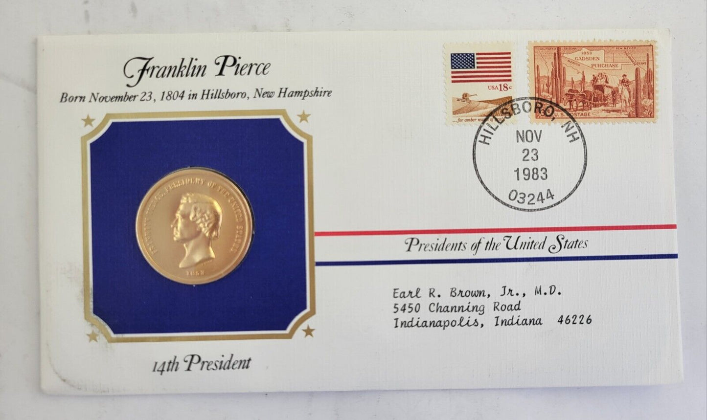 F Pierce Presidential Covers Medal Postal Commemorative Society Gold Plated